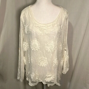 white linen blend floral front Piazza Roma long sleeve top size xl